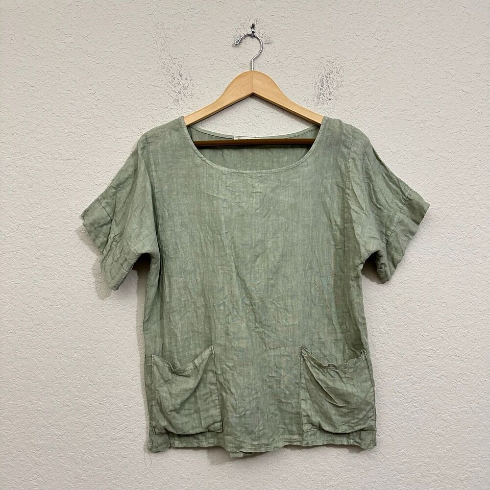 FRANCESCA BETTINI Linen Top w Patch Pockets Sage Green SS Lagenlook Peasant